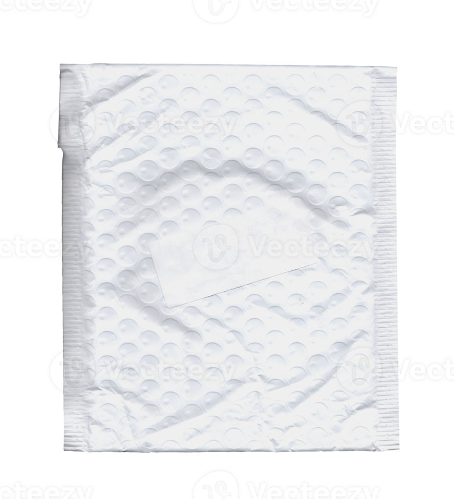 A white plastic bag, used for shipping or storage of small items, with air bubbles on its surface to counter hits. Isolated. An empty canvas for your own branding or ideas. png