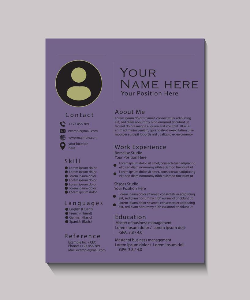 Professional Modern Resume Template Design with Muted Purple Background vector