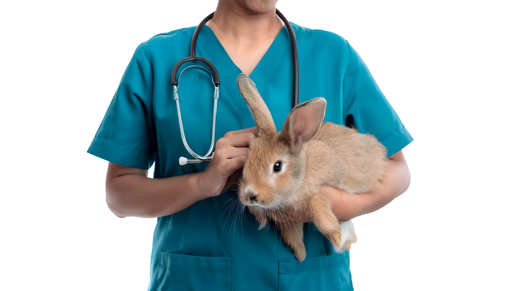Brown rabbit in Veterinarian hands for check up and holding stethoscope, Animal care and ecological farming concept png