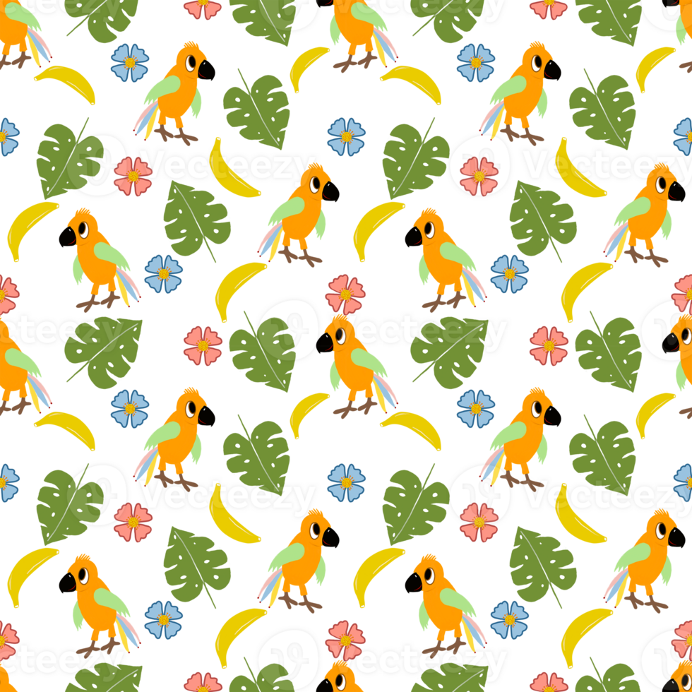 Pattern seamless wtih parrot, flowers, leaves, bananas. For children, fabric, wallpaper, for boys and girls png
