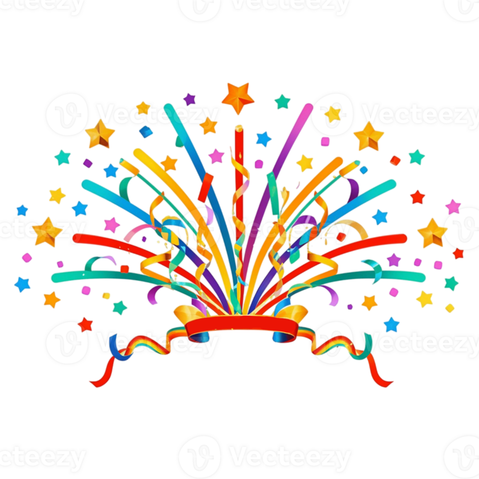 A colorful fireworks display with stars and ribbons png