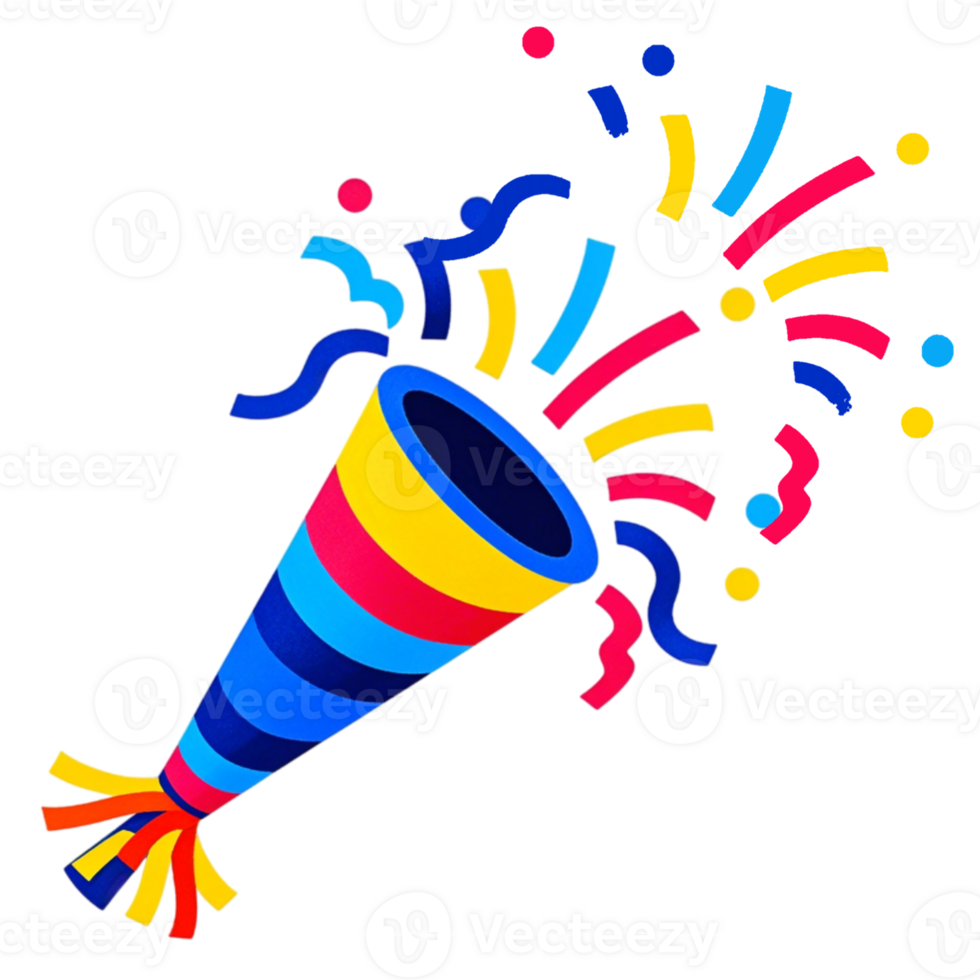 A colorful party hat with confetti and streamers png