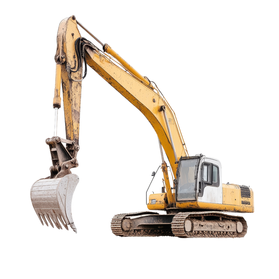 yellow excavator with large bucket attachment is shown, ready for construction work. Its sturdy tracks and powerful arm highlight its capability for heavy duty tasks png