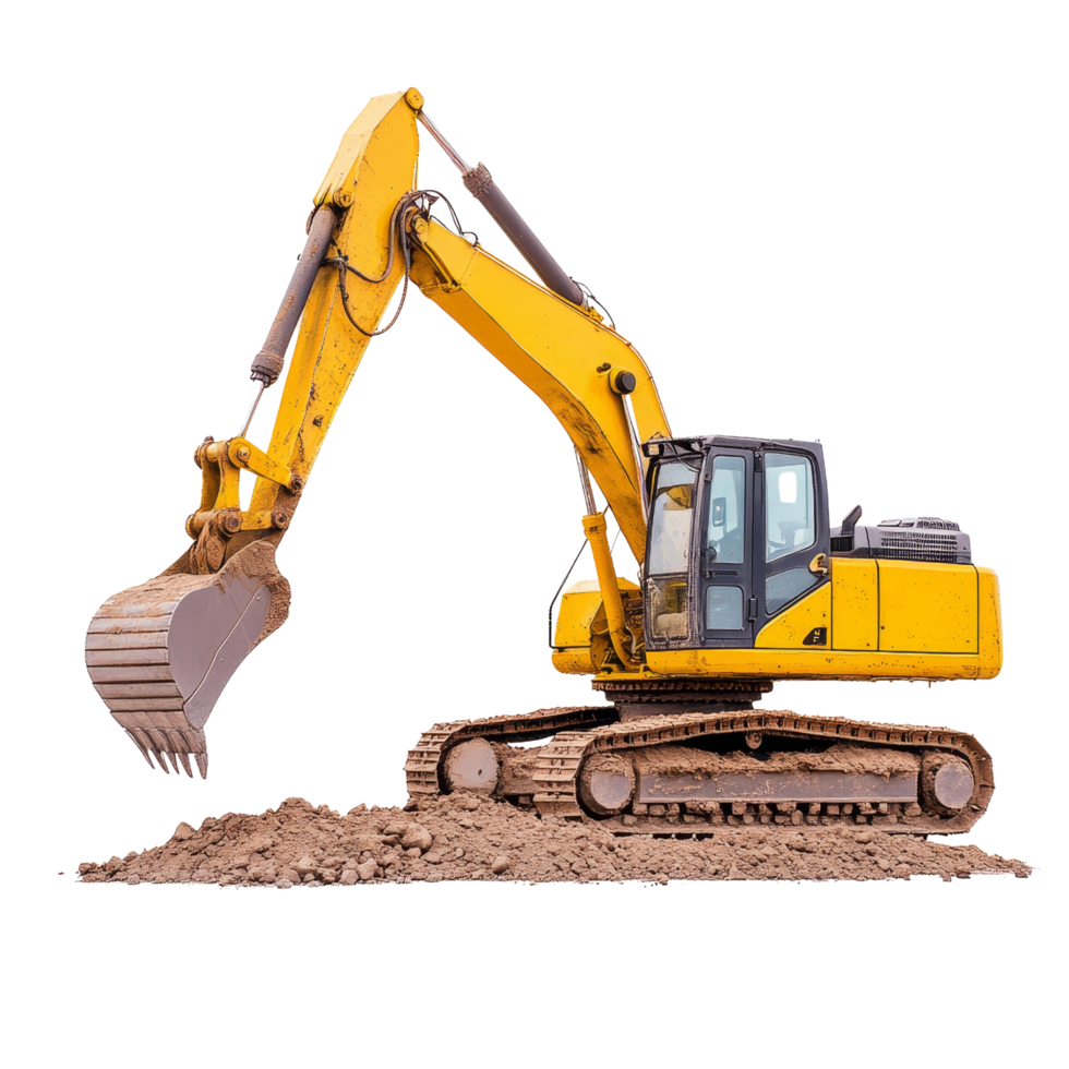 Excavator digging soil on construction site, showcasing its powerful arm and bucket. This heavy machinery is essential for earthmoving tasks and construction projects png