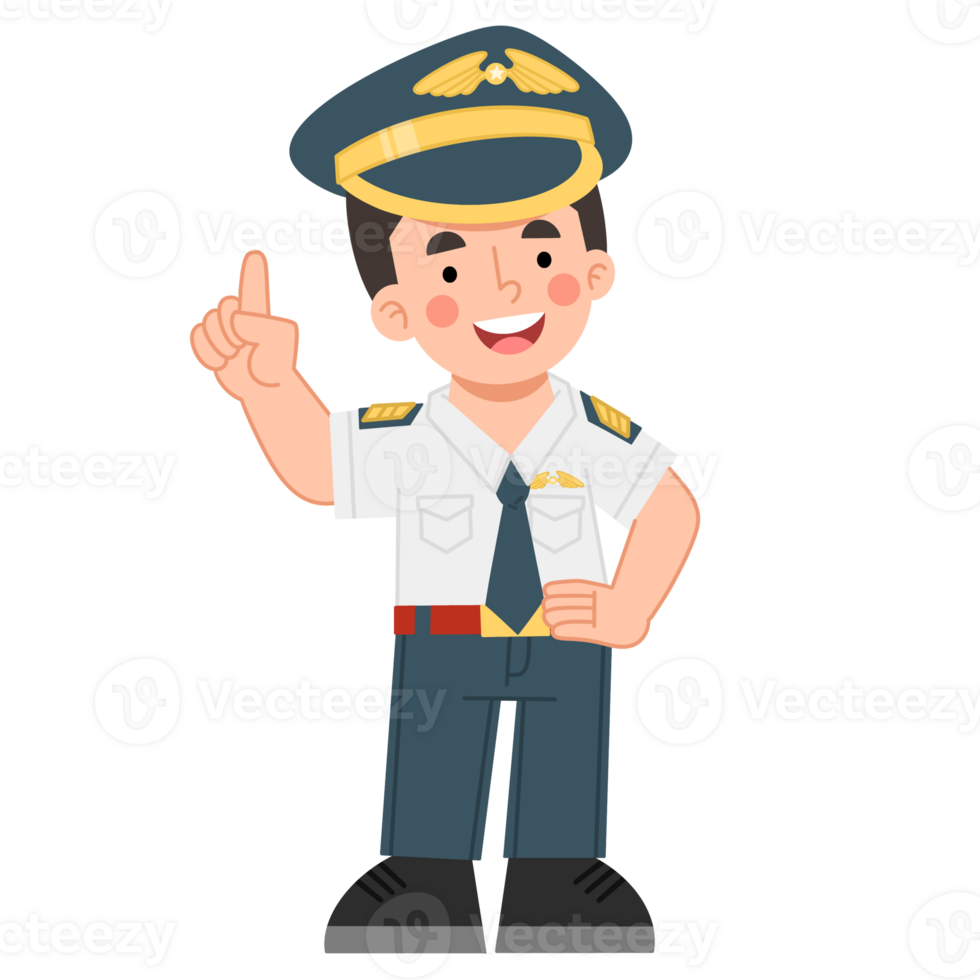 Illustration of a pilot character in uniform. Illustration of a pilot pointing his hand png