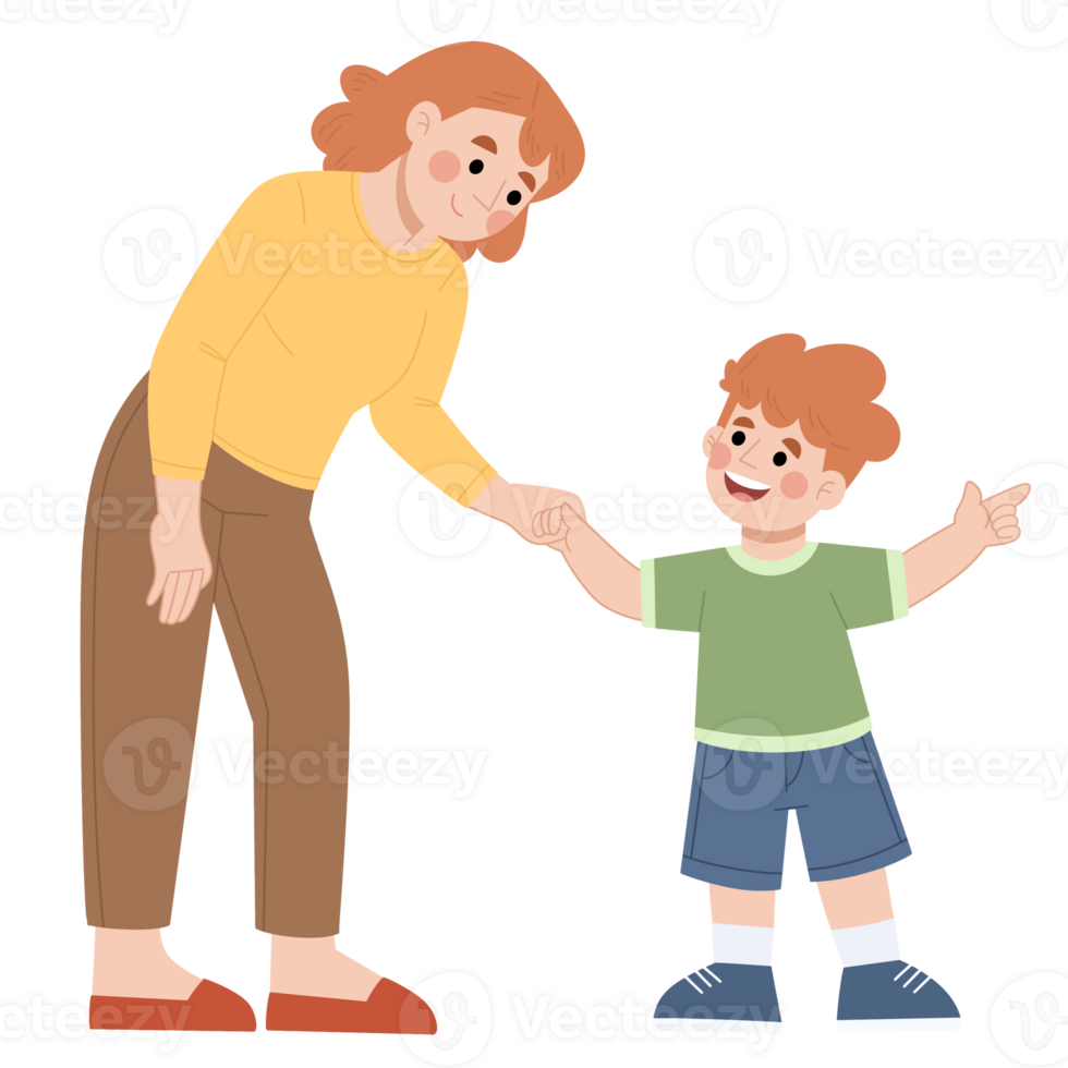 Illustration of a boy showing to his mother png