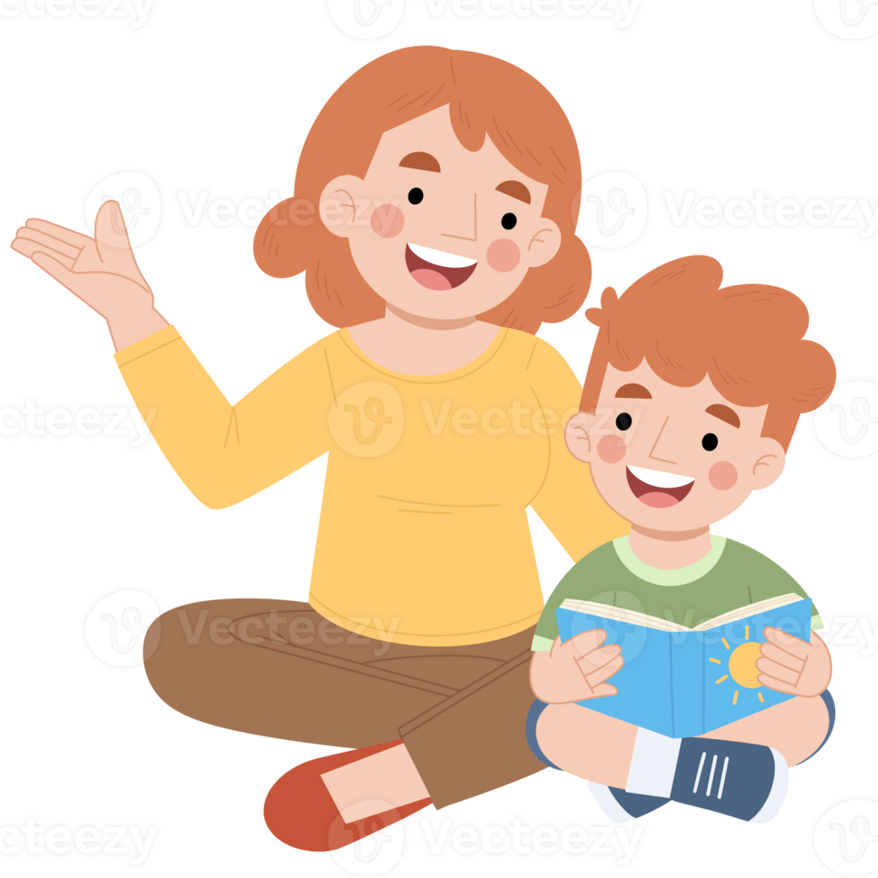 Illustration of mother and son reading a book png