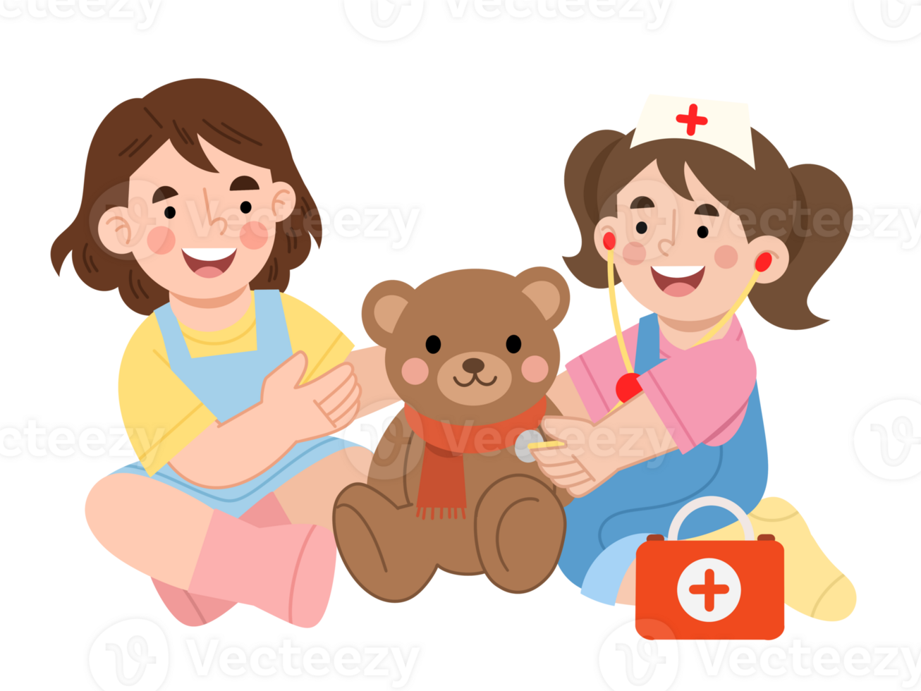 Illustration of children playing doctor with teddy bears png