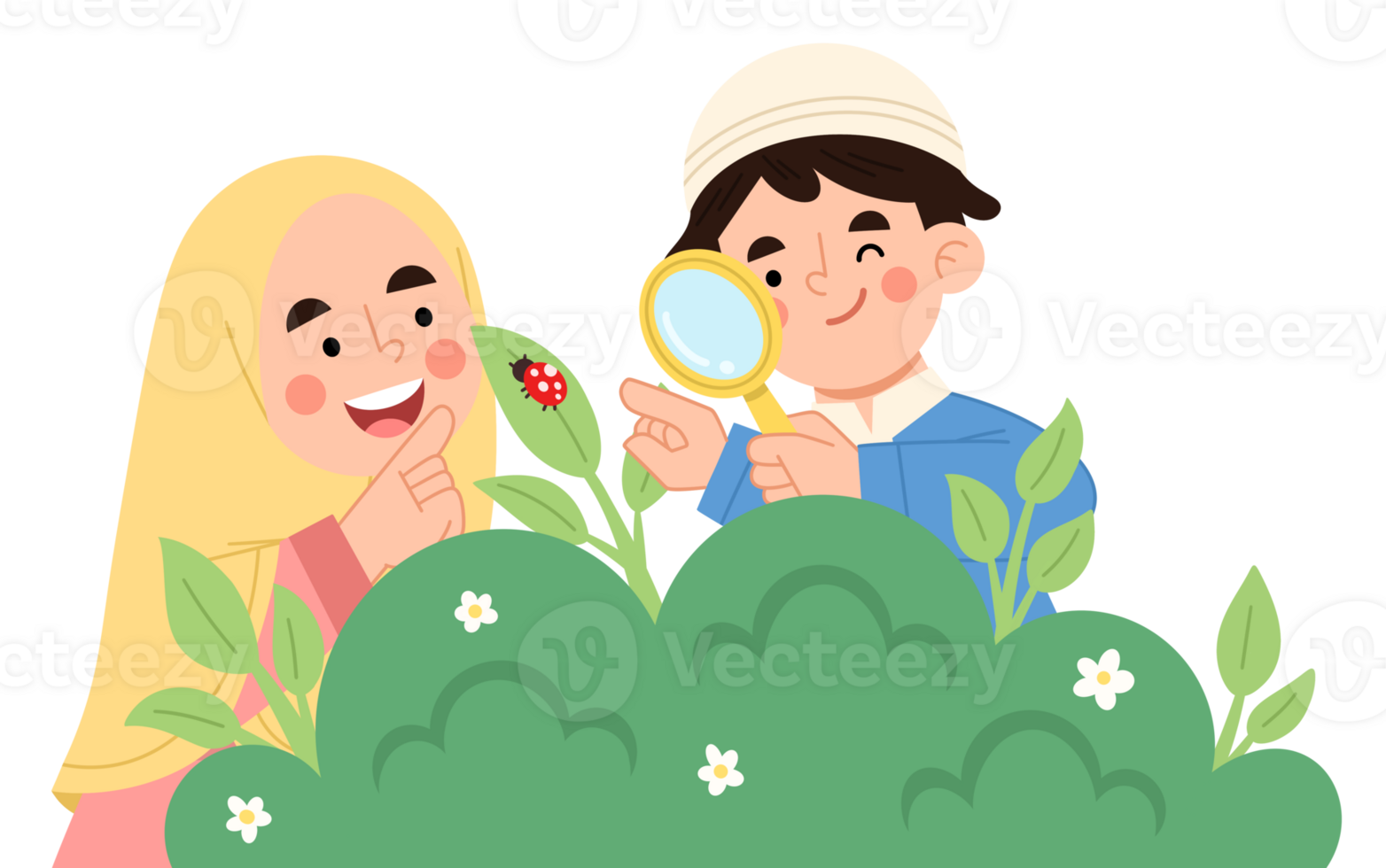 Illustration of children exploring nature with a magnifying glass png