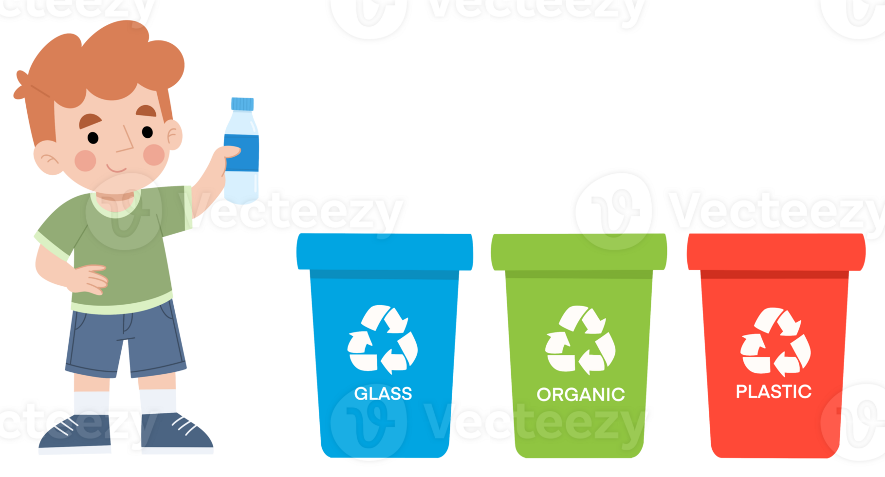 Illustration of a little boy sorting trash png