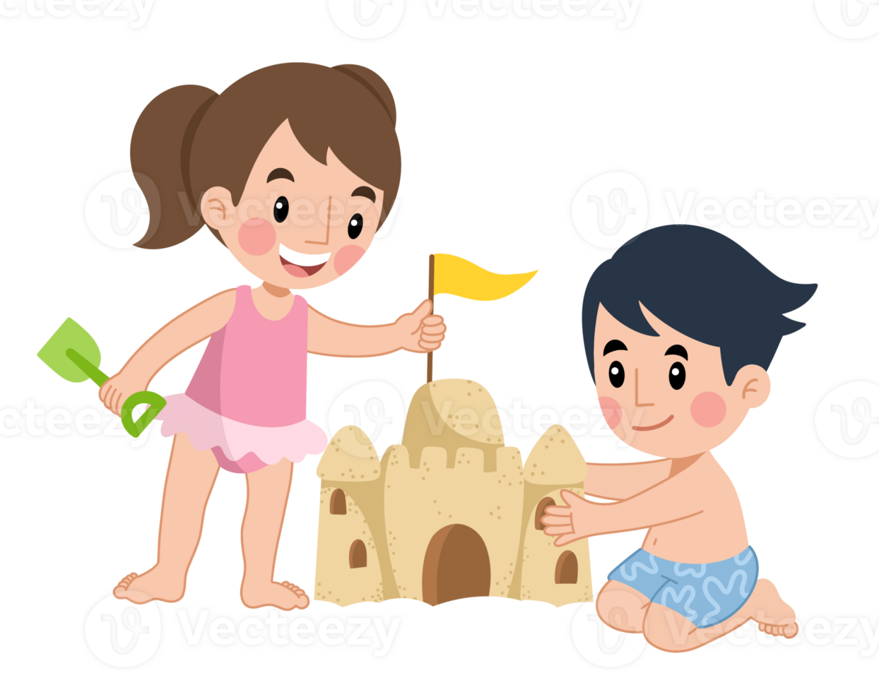 Illustration of children playing on the beach sand png