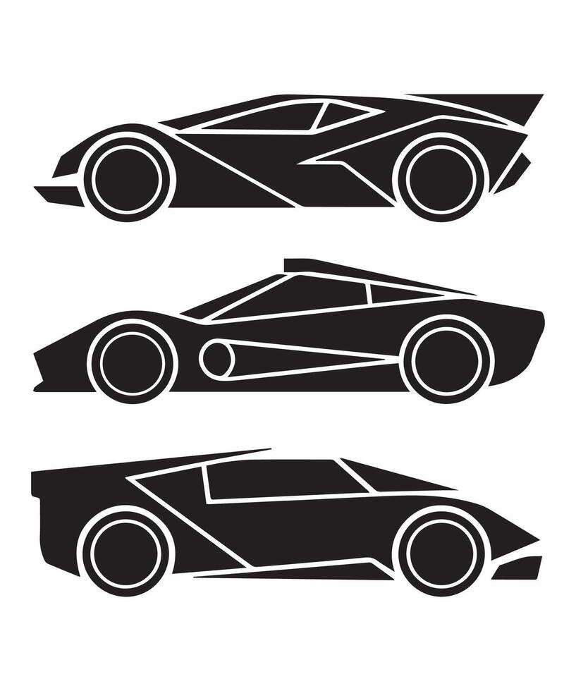 Retro Car Icon Collection Featuring Black Solid Shapes and Vintage Outlines vector