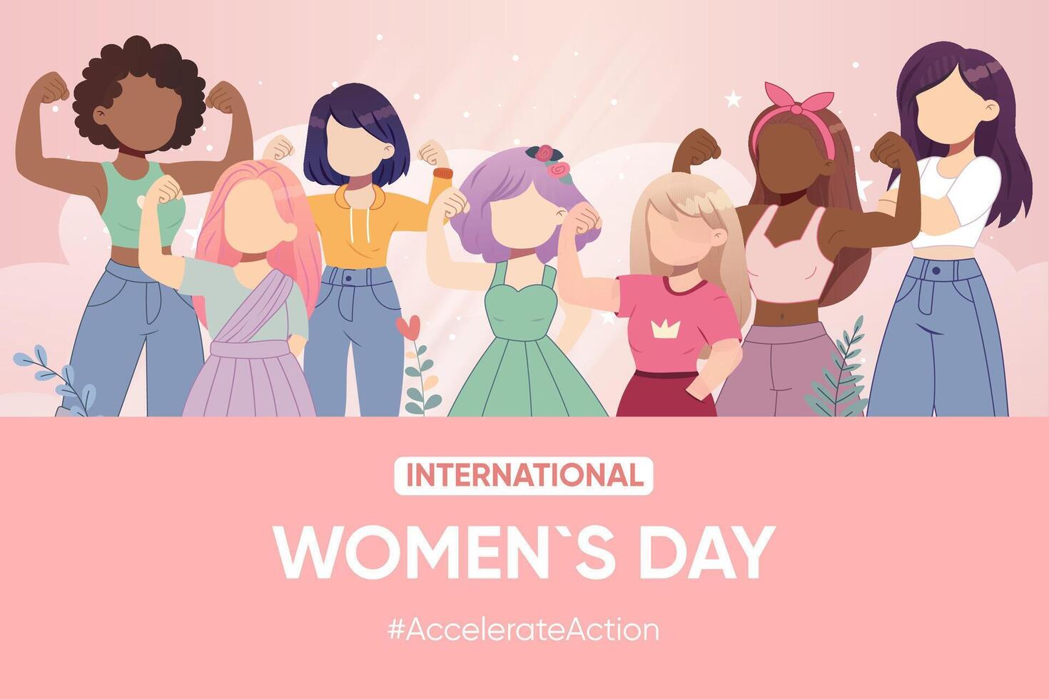 Simple postcard, banner, poster girls show biceps, accelerate action, pink womens international day, diversity vector