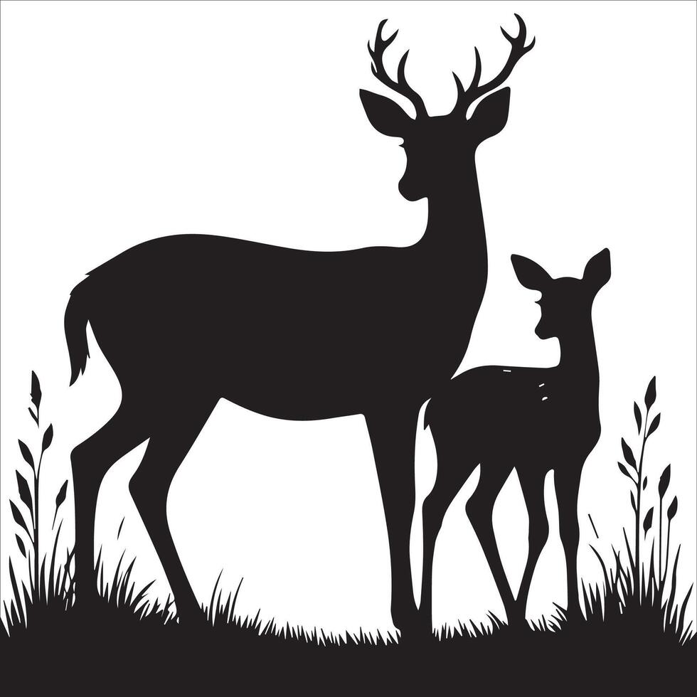 Silhouette of Mother Deer and Fawn in Shielded Stance vector