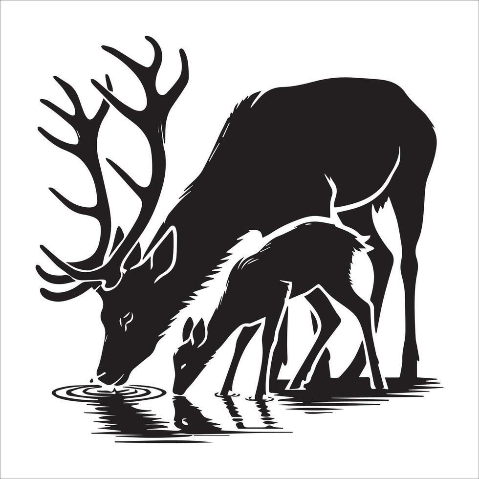 Two Deer Silhouettes Drinking from a Water Source vector