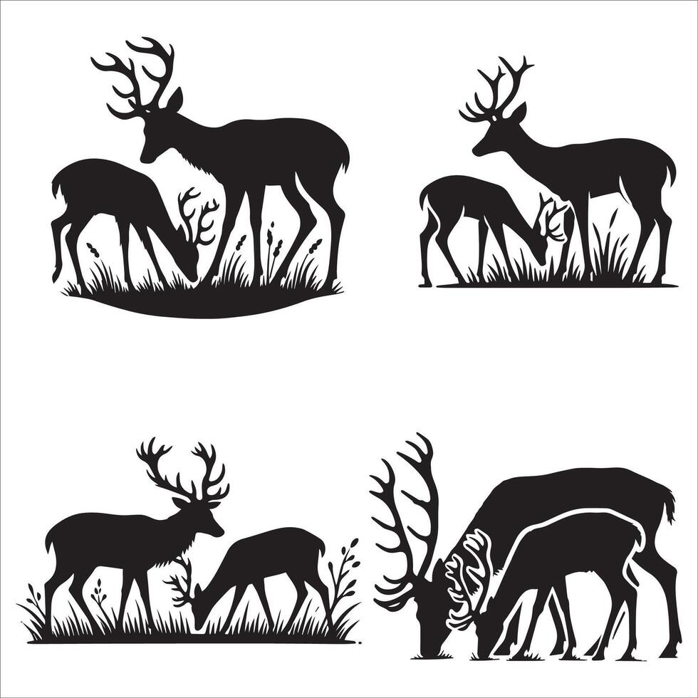 Mother and Fawn Deer Silhouette in Guarding Pose Set vector