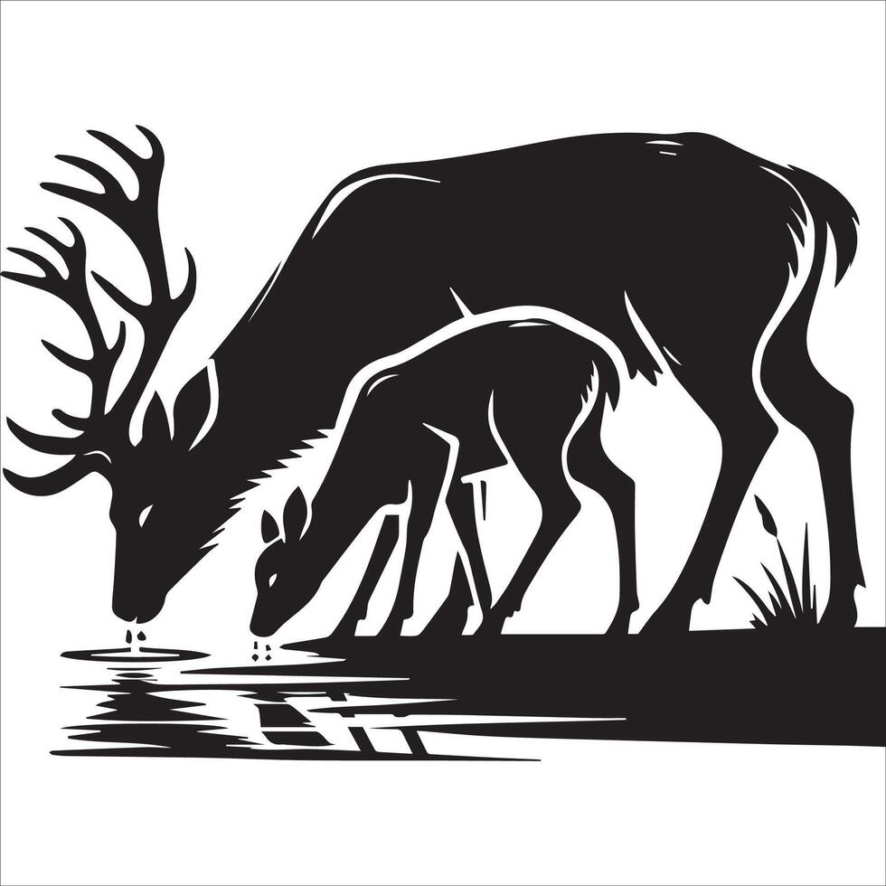 Deer Silhouettes by Water Drinking Together vector