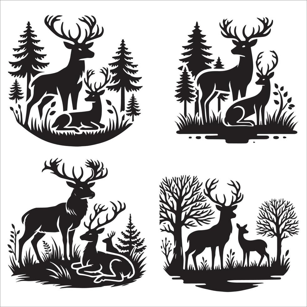 Deer in Natural Silhouette Pose Set vector