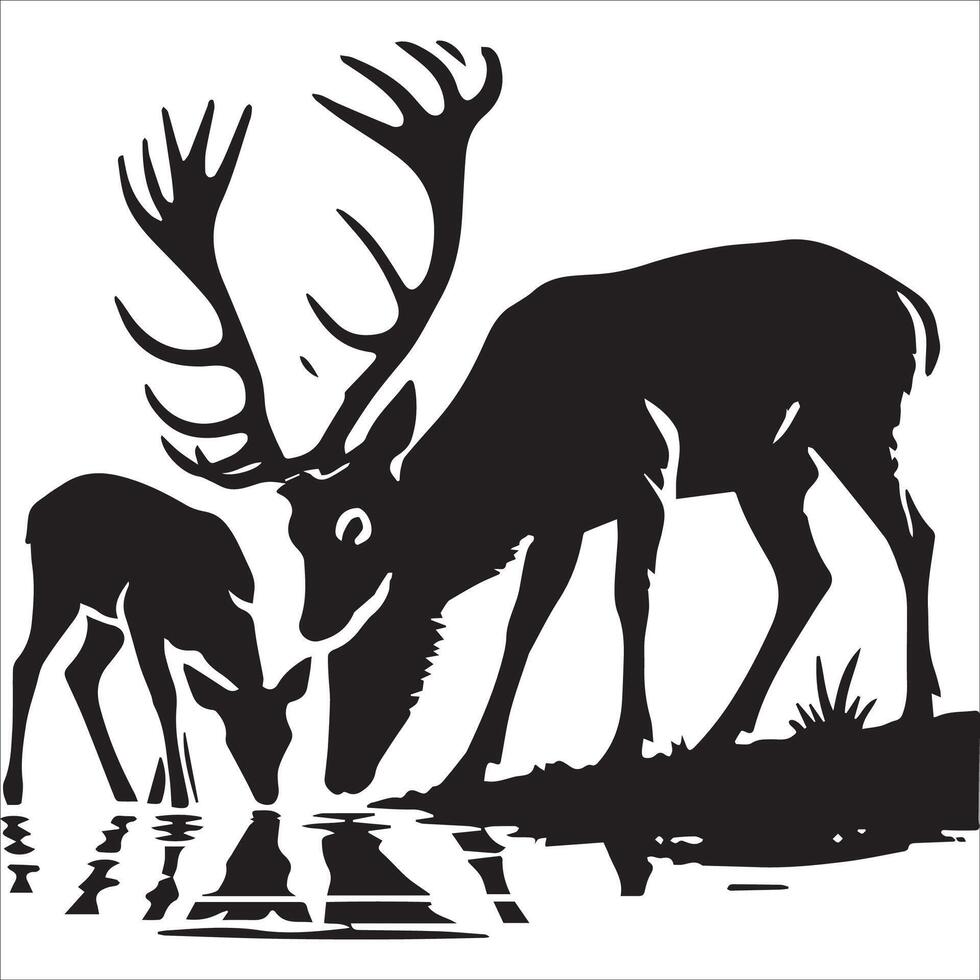Two Deer Drinking from a River Silhouette vector