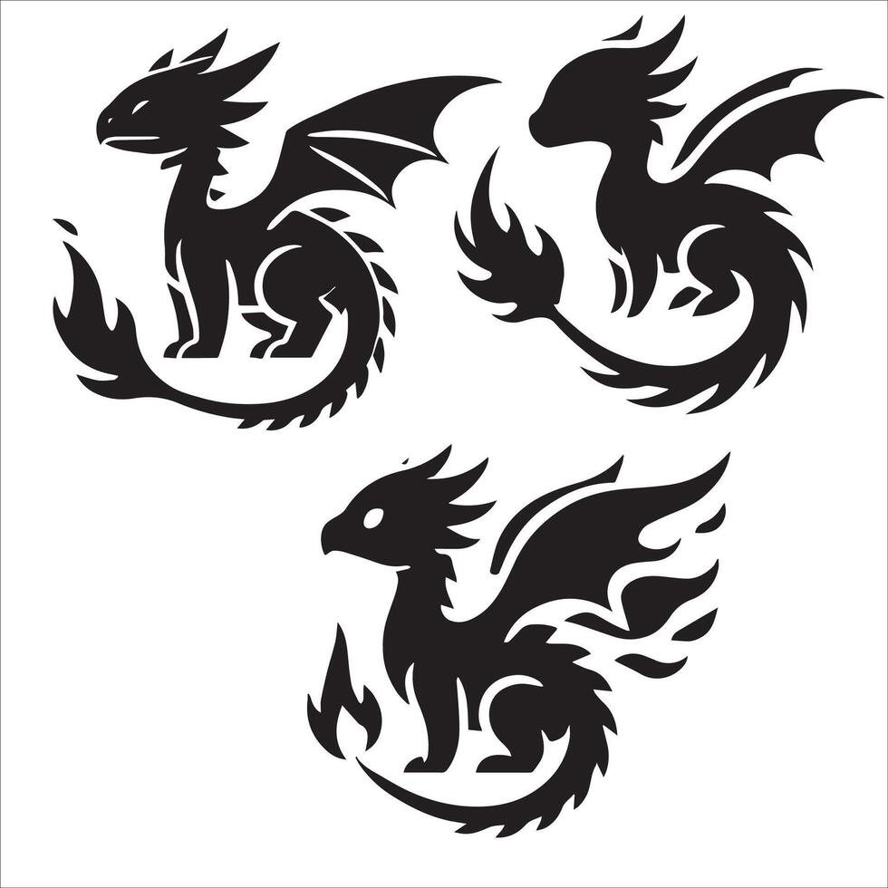 Standing Baby Dragon Silhouette with Pointed Snout Set vector