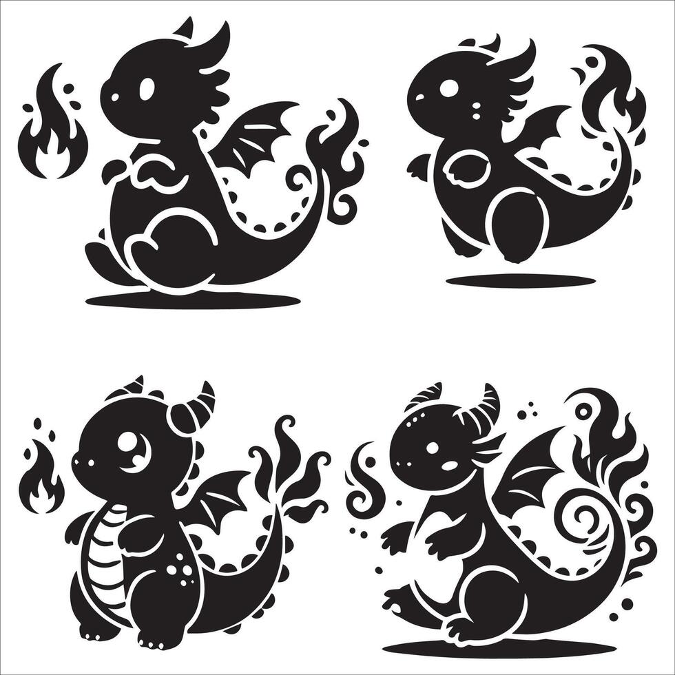 Baby Dragon with Swirled Tail and Small Wings Set vector