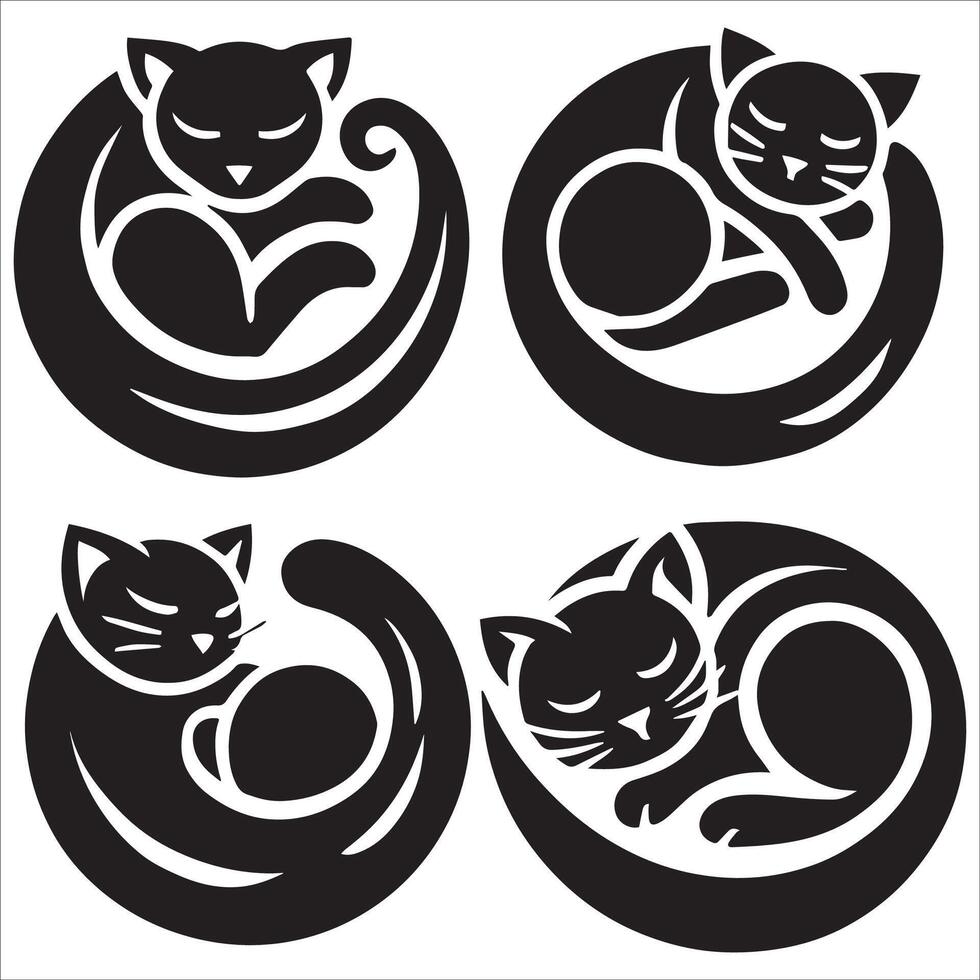 Sleeping Cat Silhouette Curled into a Ball Set vector