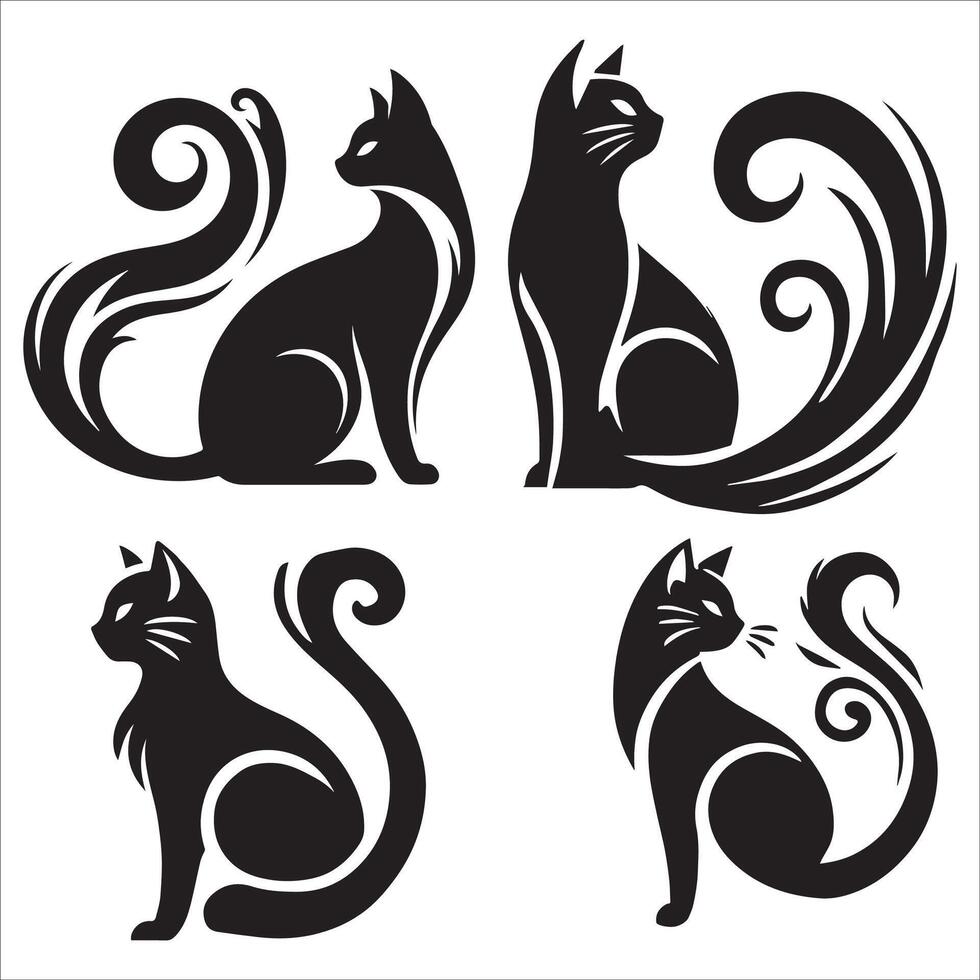 Side-Profile Cat Silhouette with Swishing Tail Set vector