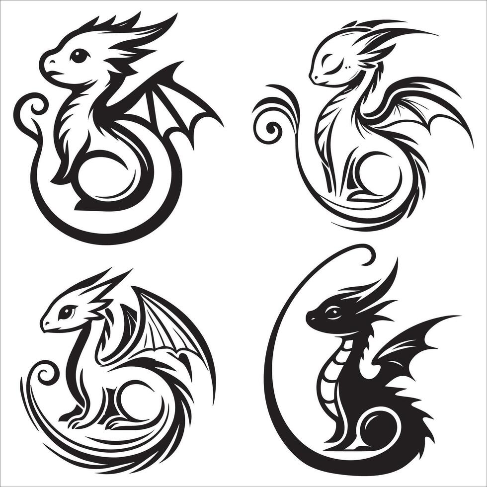 Cartoon-Style Line Art of Baby Dragon with Swirled Tail vector