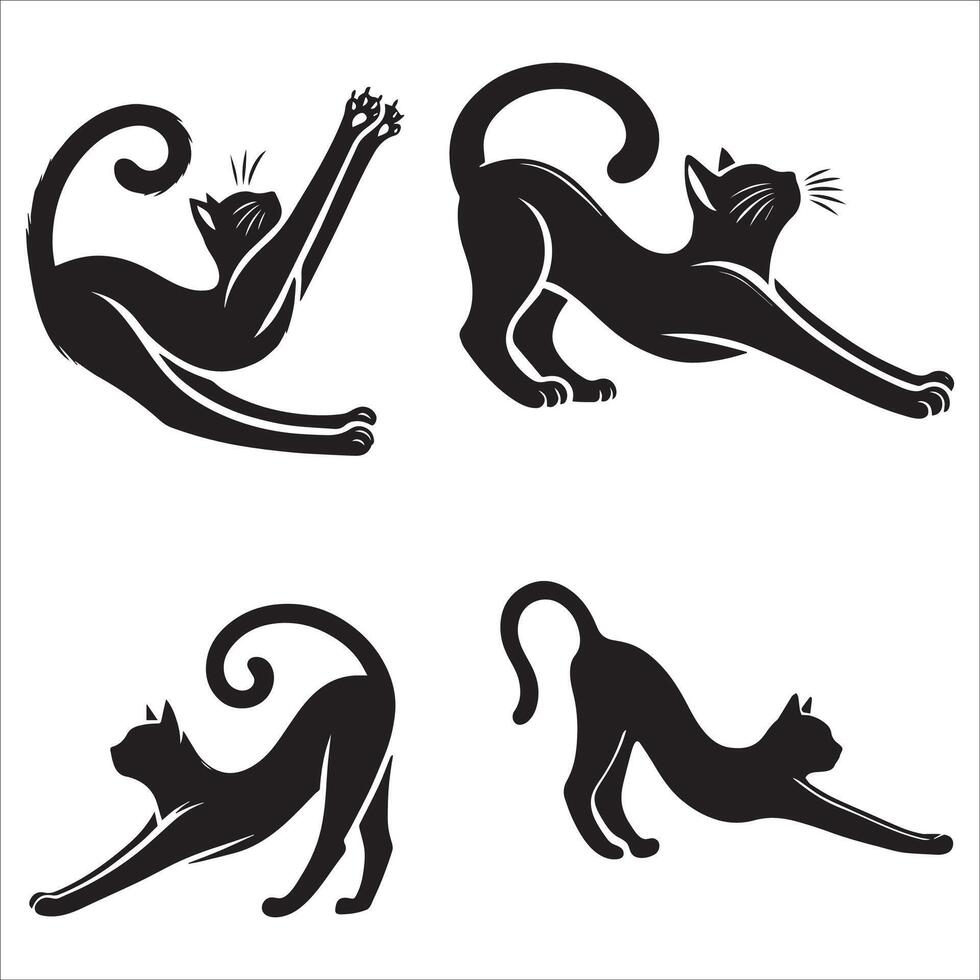 Stretching Cat Silhouette with Elongated Body Set vector