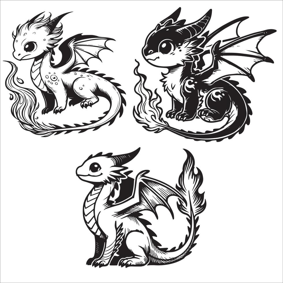 Whimsical Line Art of Baby Dragon with Happy Set vector
