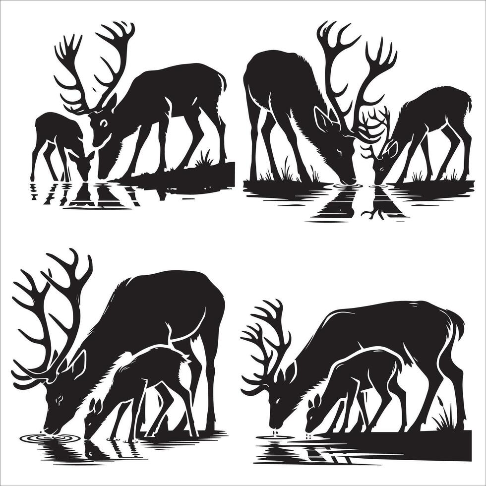 Two Deer Silhouettes Drinking from a Water Source Set vector