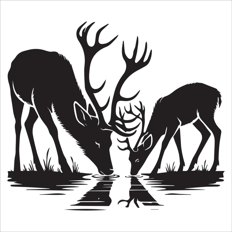Silhouette of Two Deer Drinking from Stream vector