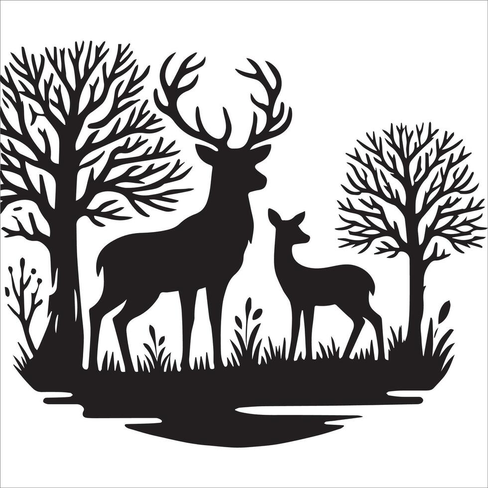 Mother and Fawn Deer in Protective Silhouette Stance vector