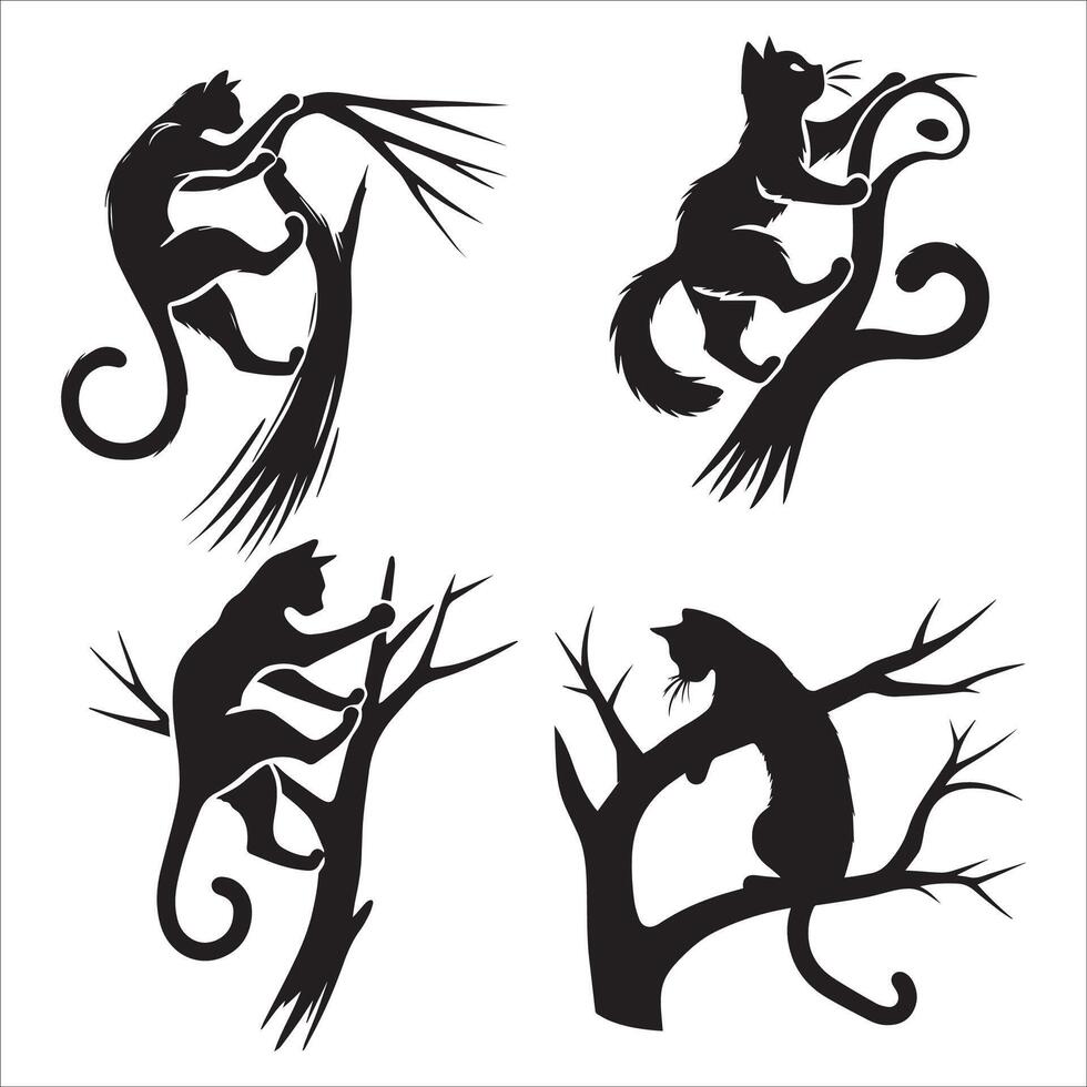Climbing Cat Silhouette on a Branch Set vector