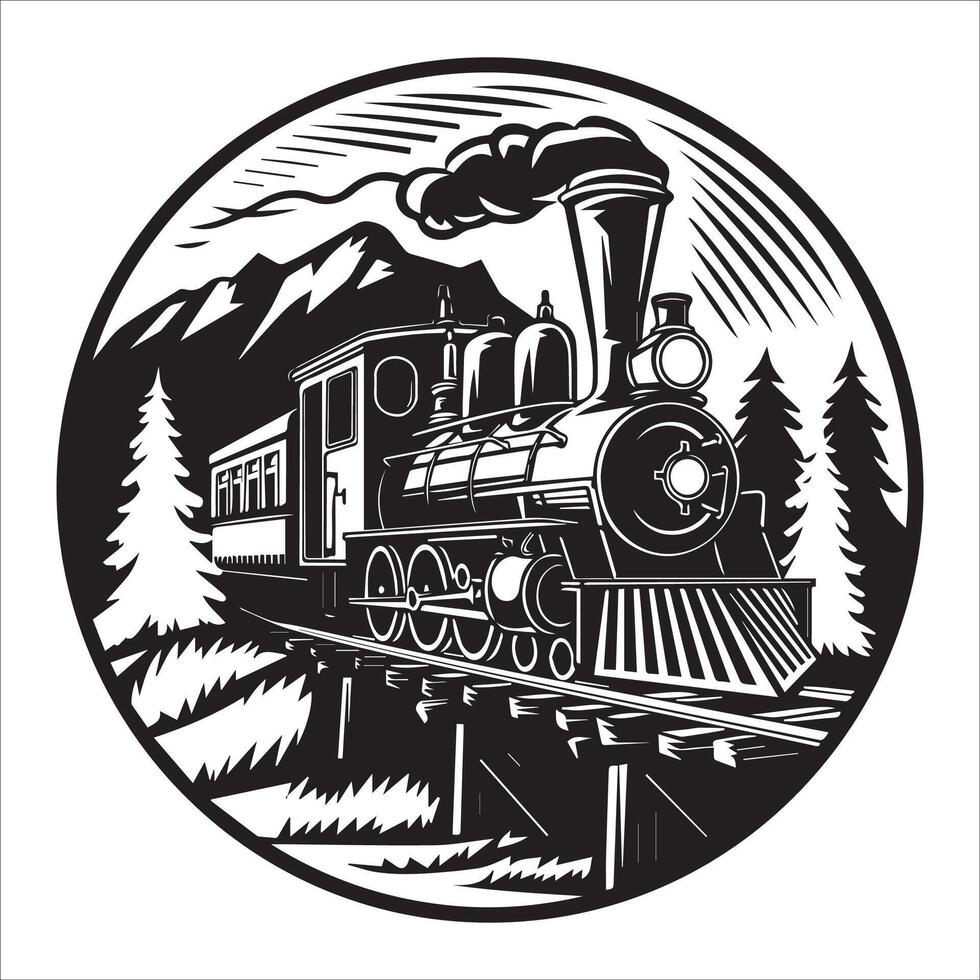 Retro Train Crossing Scene Silhouette vector