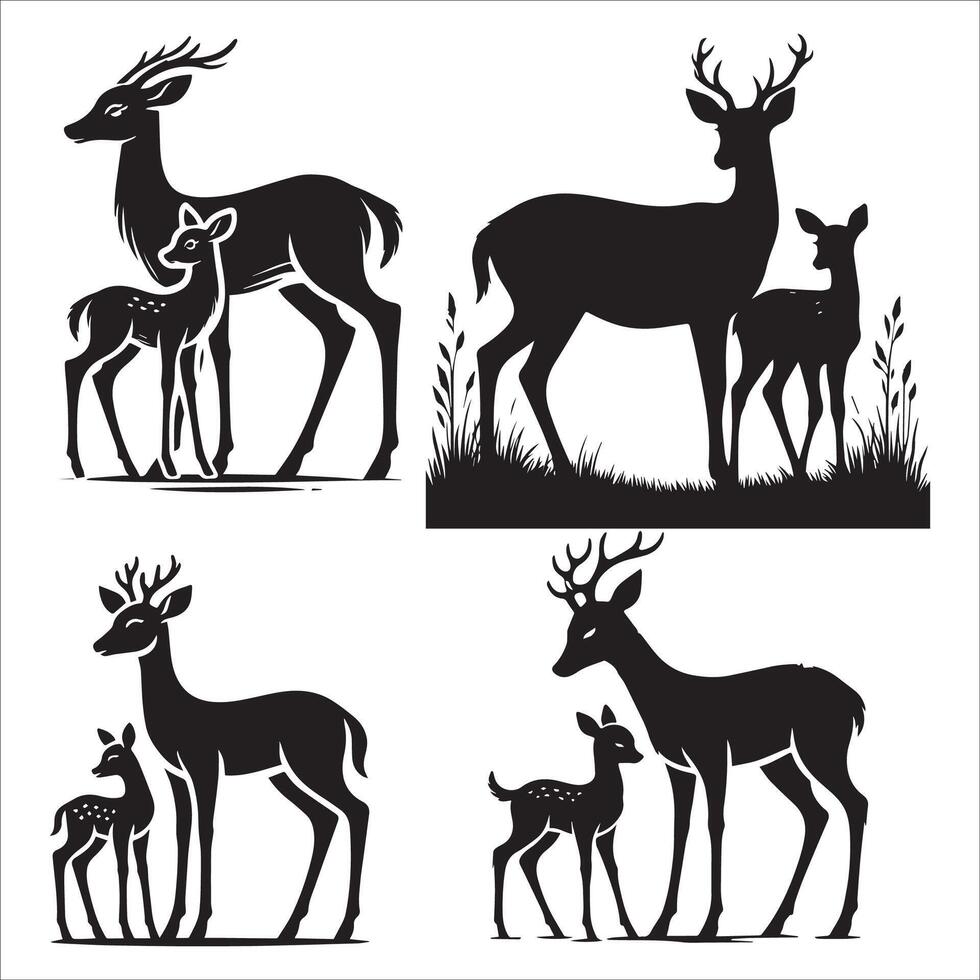 Mother Deer Watching Over Fawn Silhouette Set vector