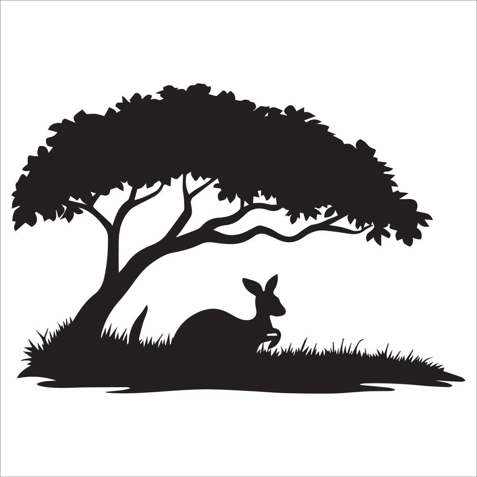 Resting Kangaroo Silhouette Under a Tree vector