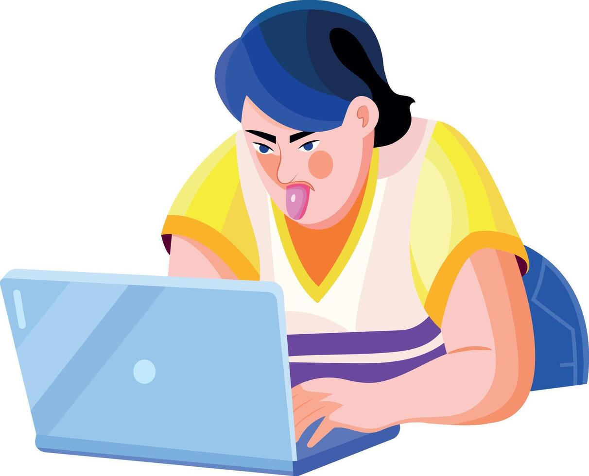 A flat illustration of tongue out character using laptop vector