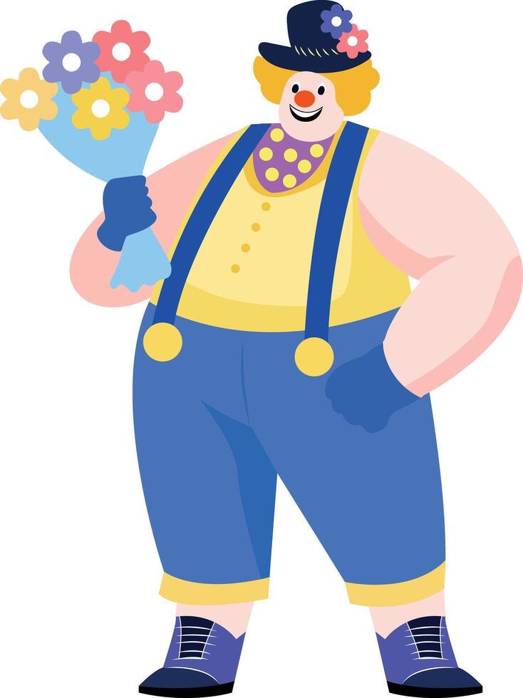 Funny clown holding flower bouquet illustration in flat style vector