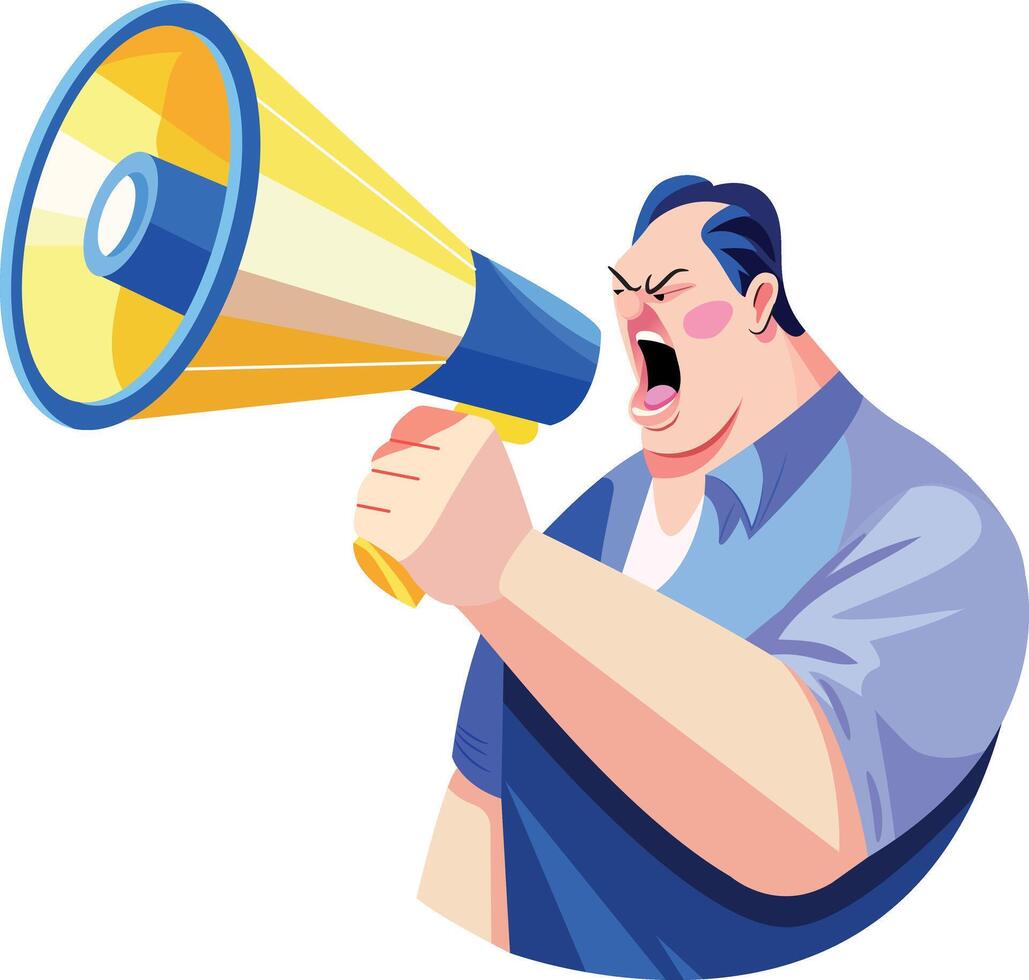 A flat illustration of yelling character in a loudspeaker vector