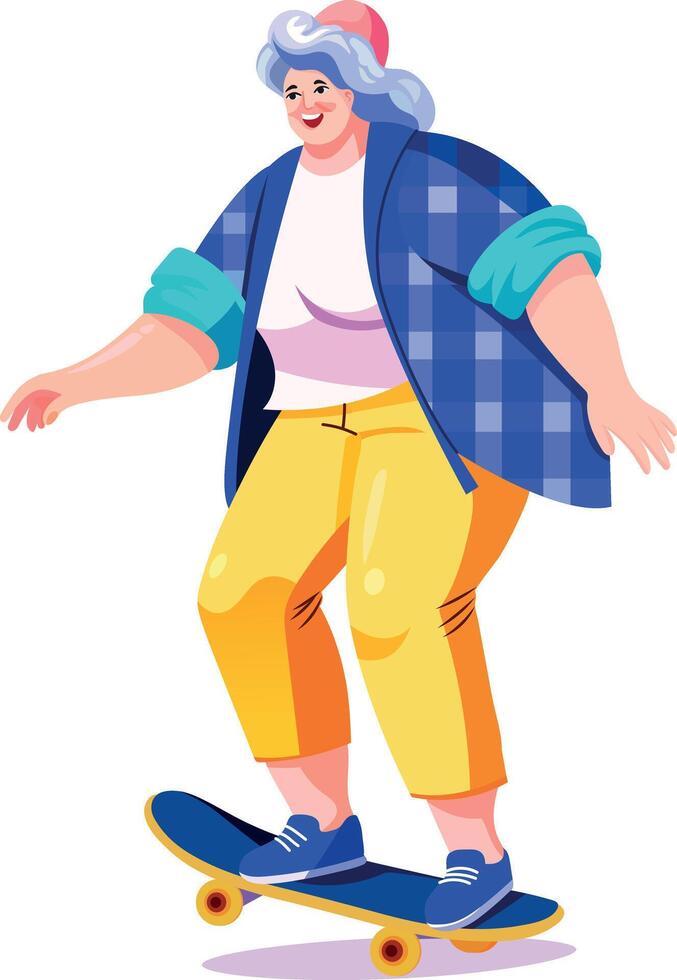 Funny grandma skating illustration in flat style vector