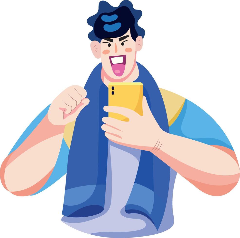A flat illustration of character holding a mobile having selfie fun vector