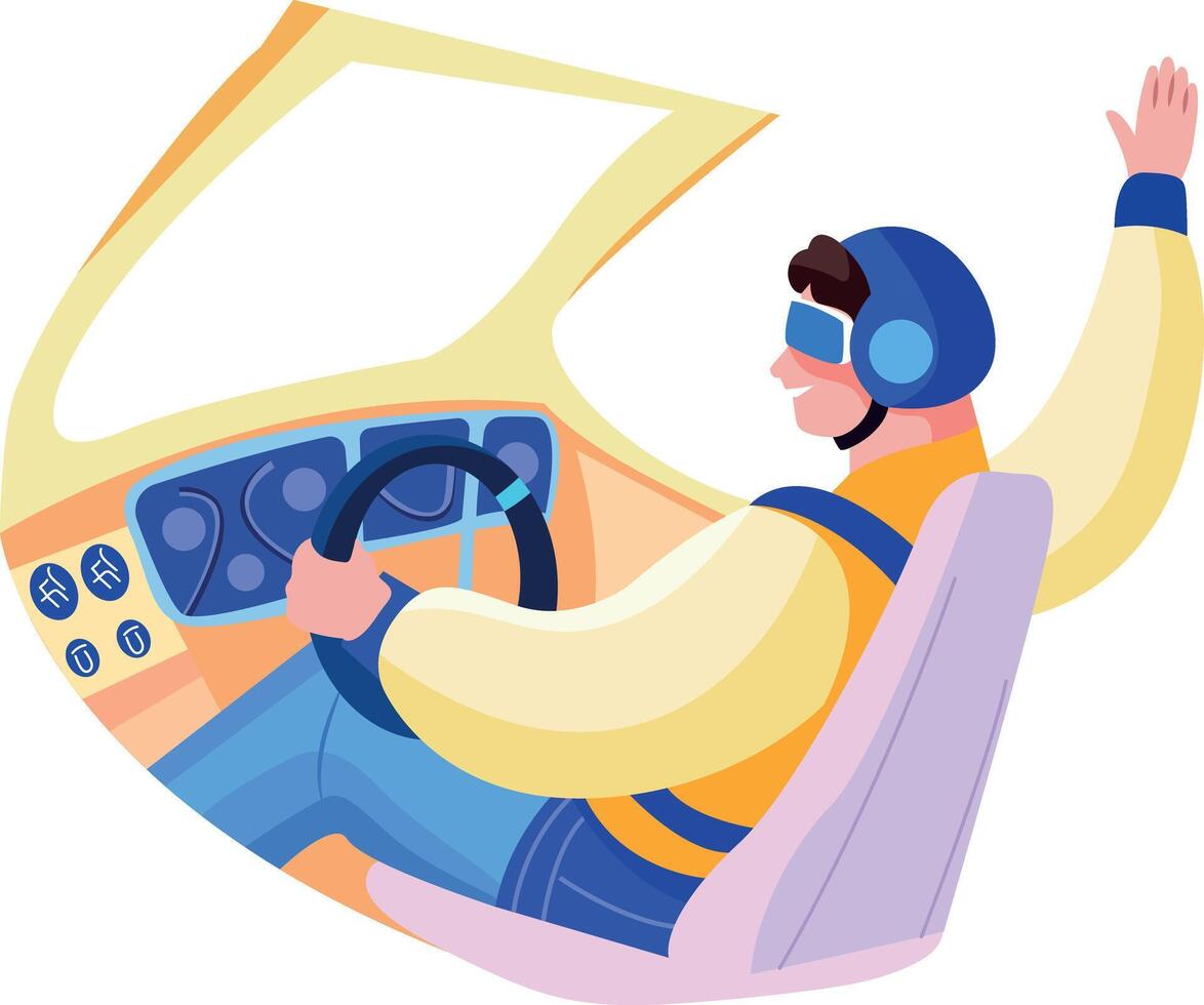 A flat illustration of happy pilot driving a plane vector