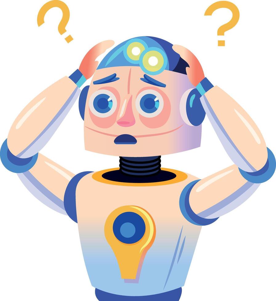A flat illustration of confused robot character vector