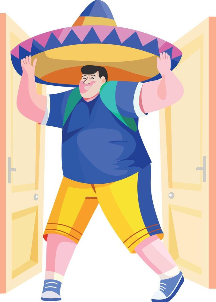 A flat illustration of a character wearing giant sombrero hat vector