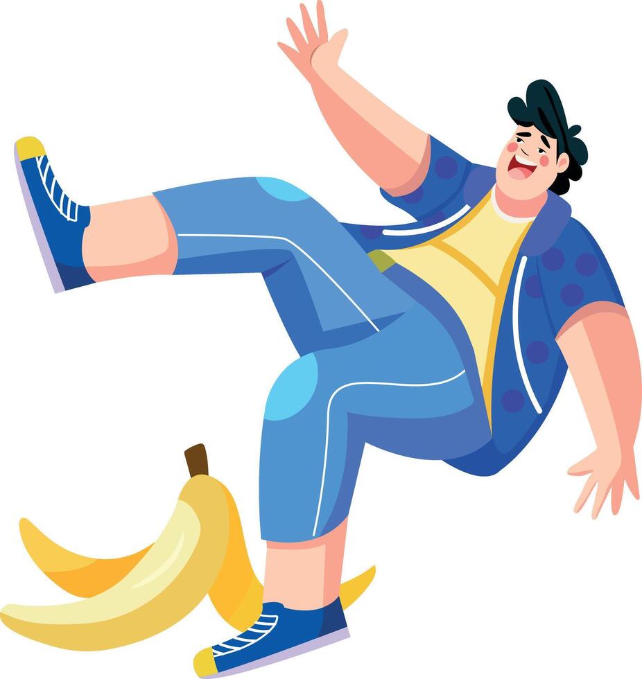 A flat illustration of character slipping through banana peel vector
