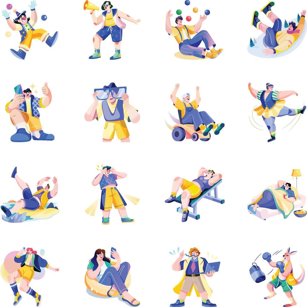 Flat Style Funny And Entertaining Characters Illustrations vector
