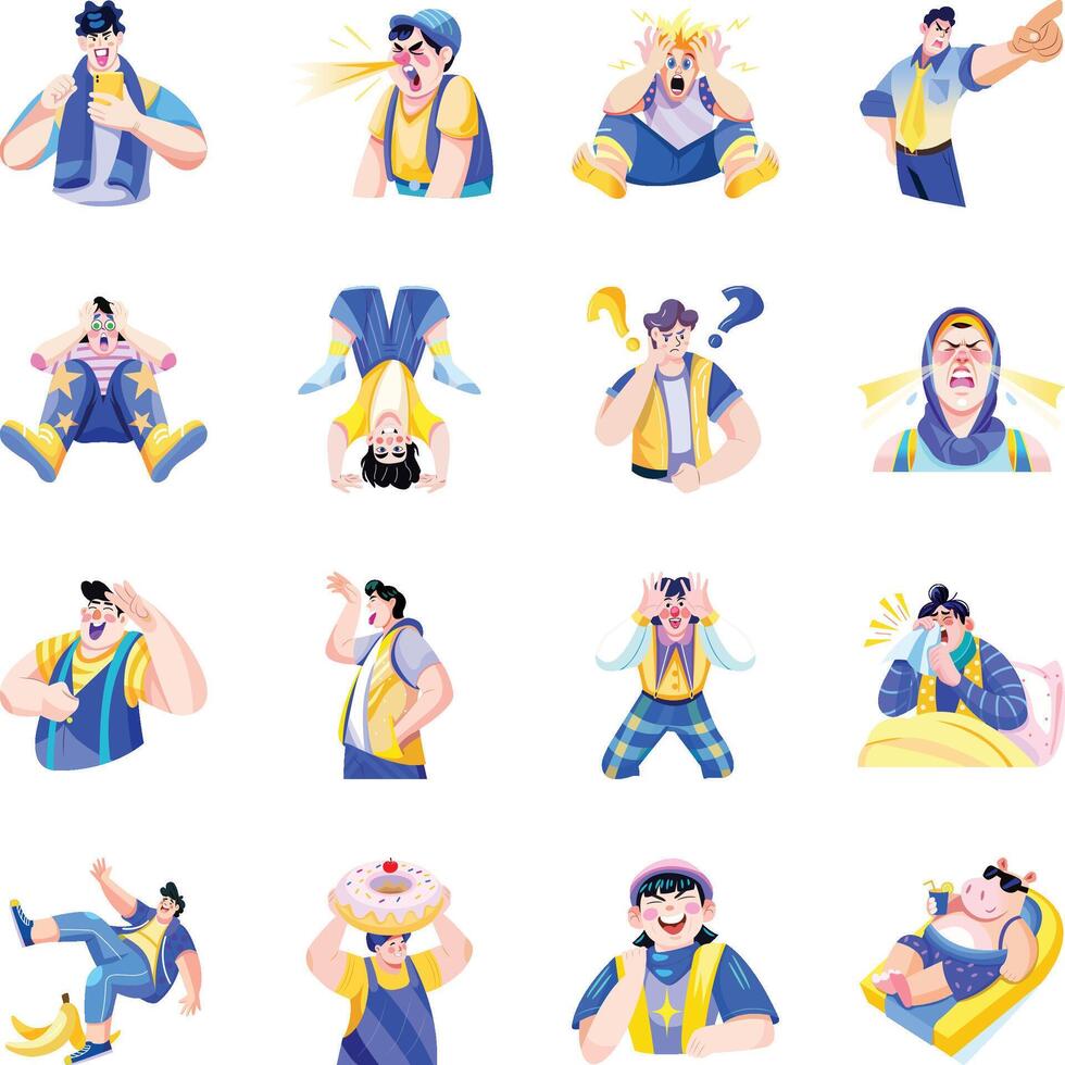 Set of Flat Style Silly And Hilarious Characters Illustrations vector