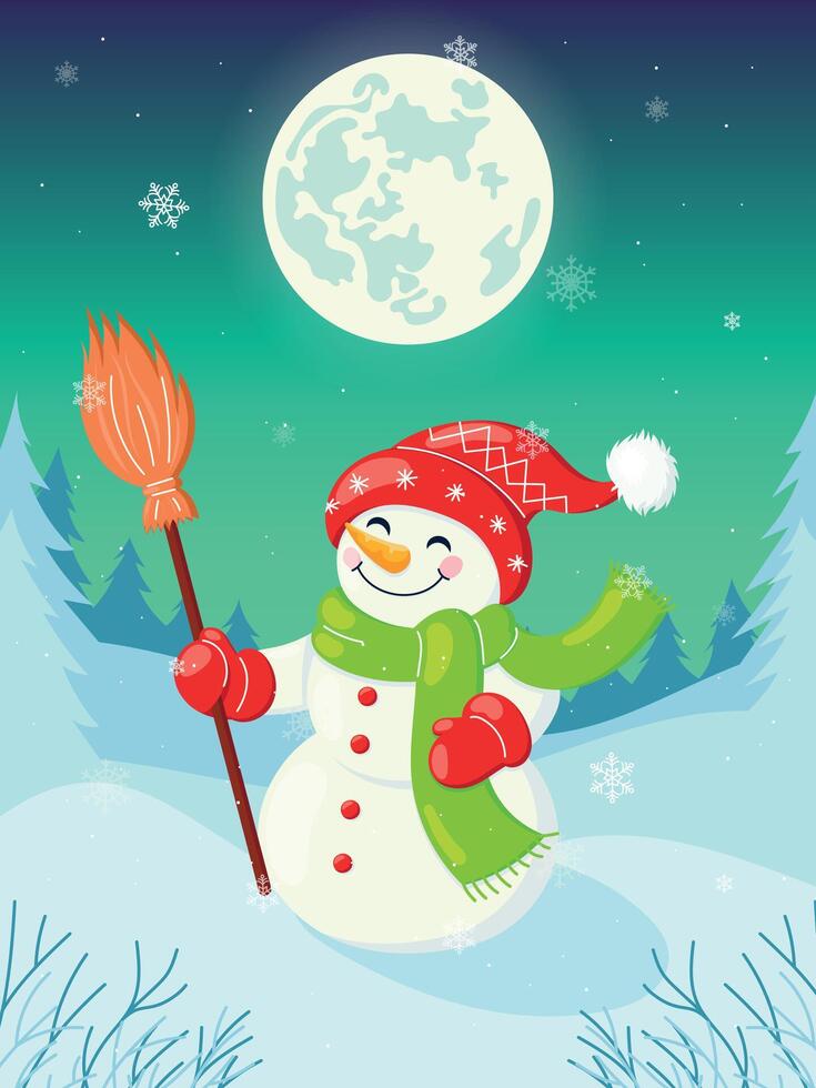 Cute Snowman Postcard, North Pole Landscape, New Year Character vector