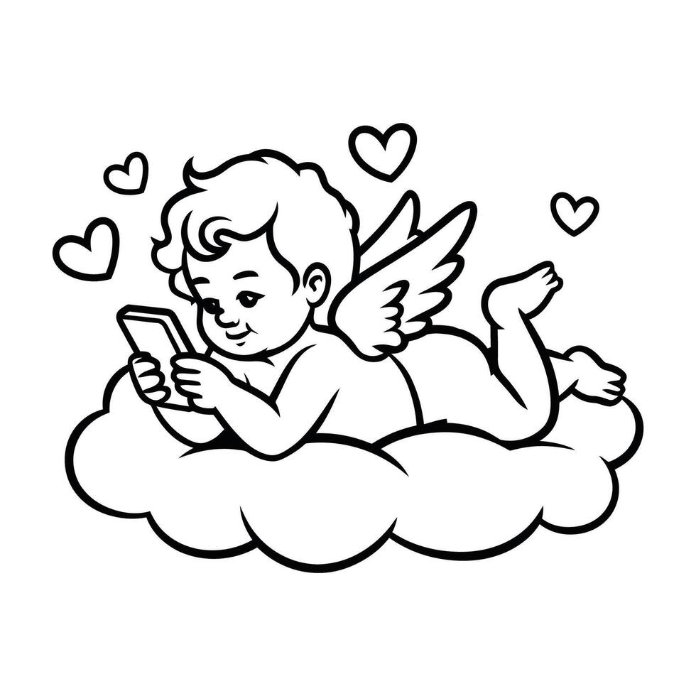 Cupid Angel Illustration with Smartphone on a Cloud vector
